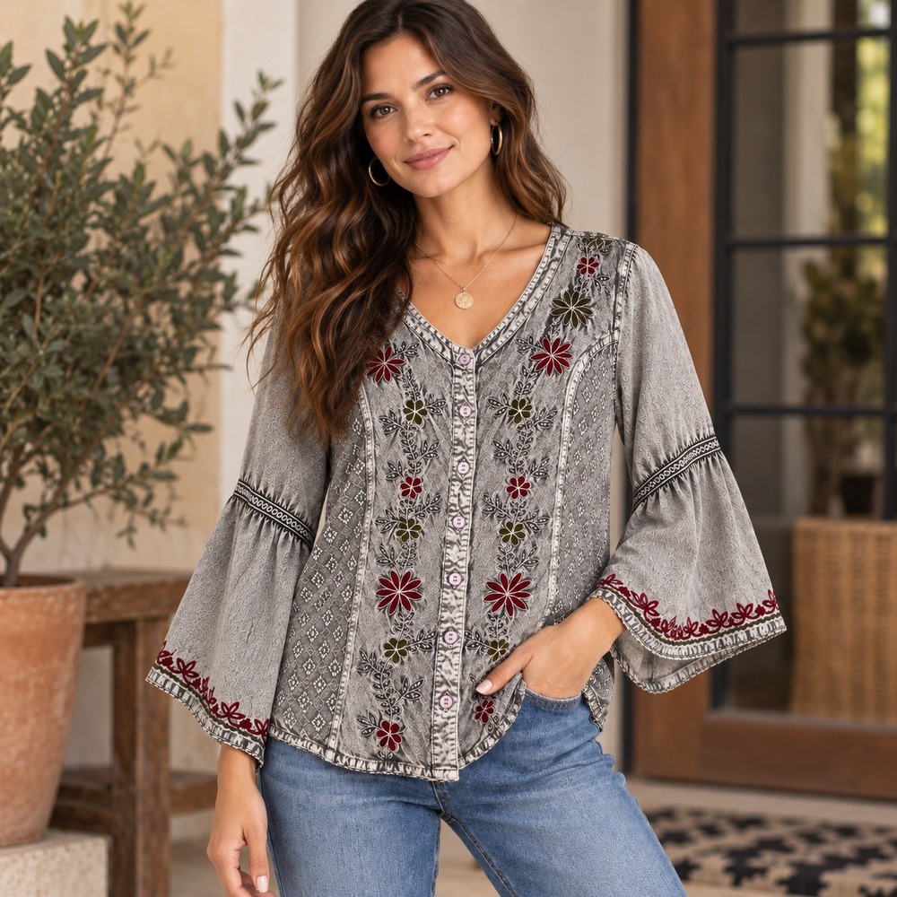 Agan Traders Womens M Grey Floral Embroidered Blouse Boho Whimsigoth Western